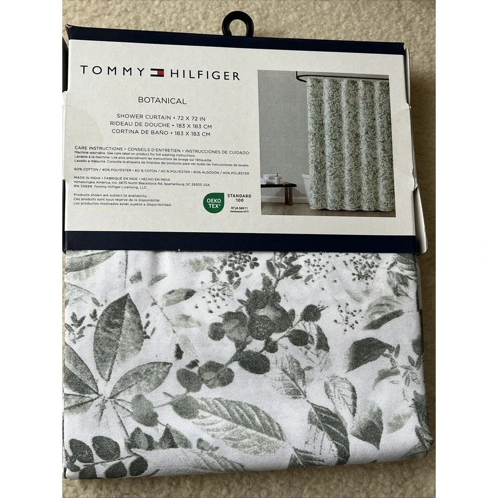 Tommy Hilfiger Botanical Cotton Blend Shower Curtain Green Flowers Leaves White